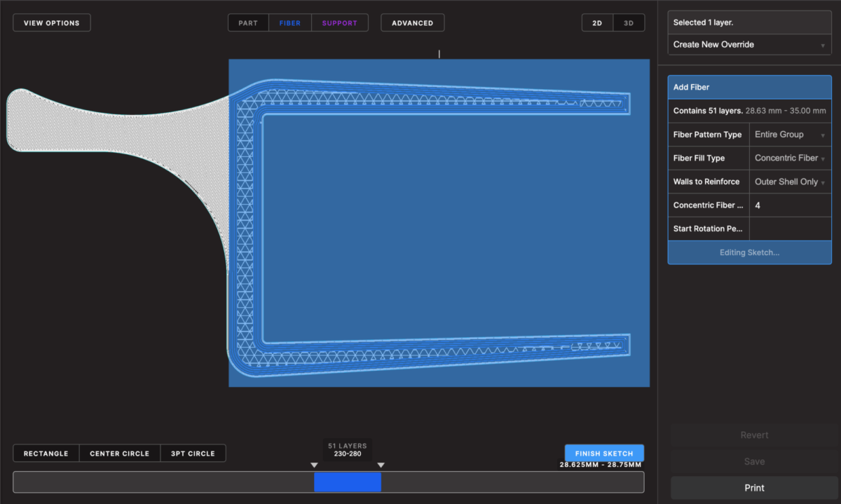 Screenshot of Markforged's Eiger tool using Fibre Override Sketching feature